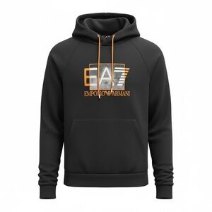 Emporio Armani Black Hoodie with Orange EA7 Logo and Drawstrings